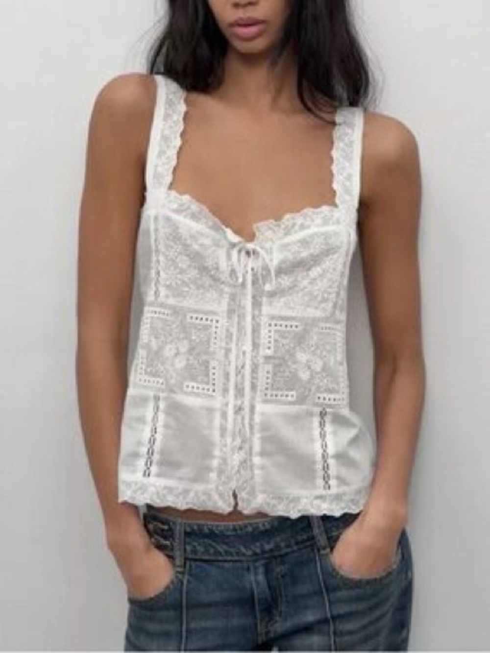 Zara White Lace-Detail Sleeveless Tank Top
